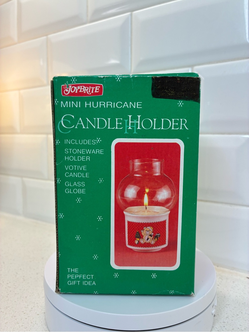 Vintage Joybrite Mini Hurricane Candle Holder Christmas Bear
